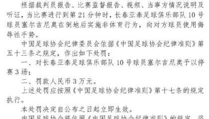 爱游戏平台-足协罚单：塞尔吉尼奥竖中指被停赛3场、罚款3万元